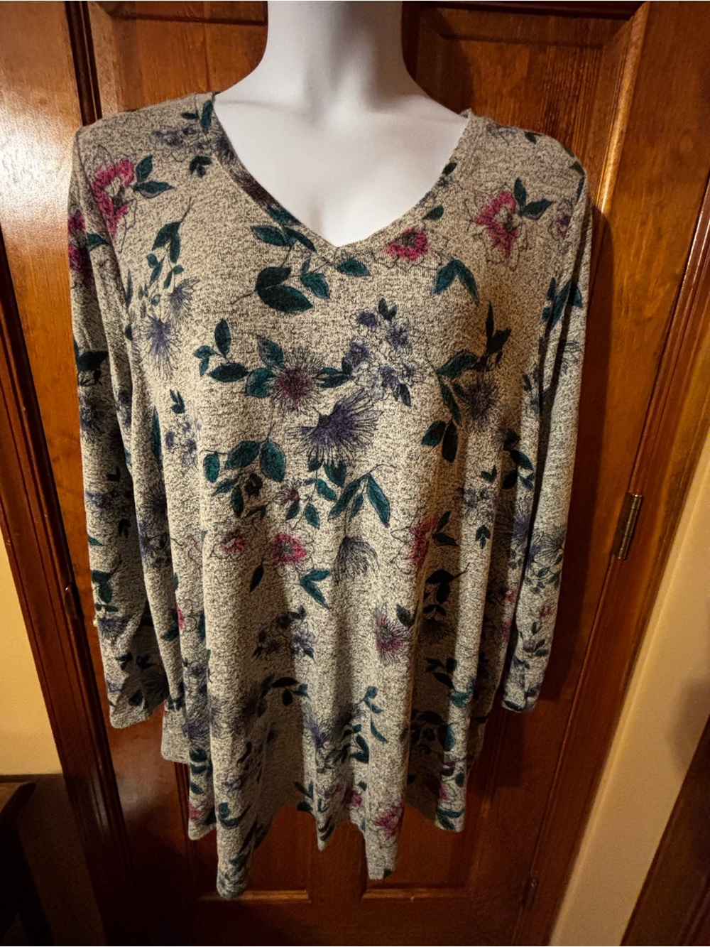 Lane Bryant Grey Floral V-Neck Tunic with Pink & Green Accents